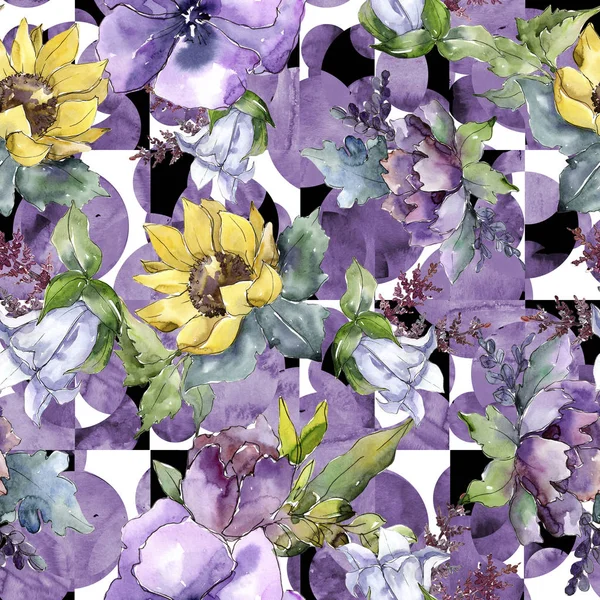 Suluboya buket çiçek. Botanik çiçek. Sorunsuz arka plan deseni. Bitki tam adı: ayçiçeği, şakayık, keten. Arka plan, doku, çerçeve veya kenarlık Aquarelle kır çiçeği.