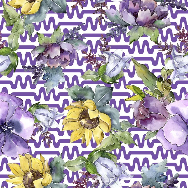 Suluboya buket çiçek. Botanik çiçek. Sorunsuz arka plan deseni. Bitki tam adı: ayçiçeği, şakayık, keten. Arka plan, doku, çerçeve veya kenarlık Aquarelle kır çiçeği.