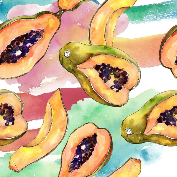 Exotic tropical healthy food in a watercolor style. Seamless background pattern. Full name of the fruit: papaya. Aquarelle wilfruit for background, texture, wrapper pattern or menu.