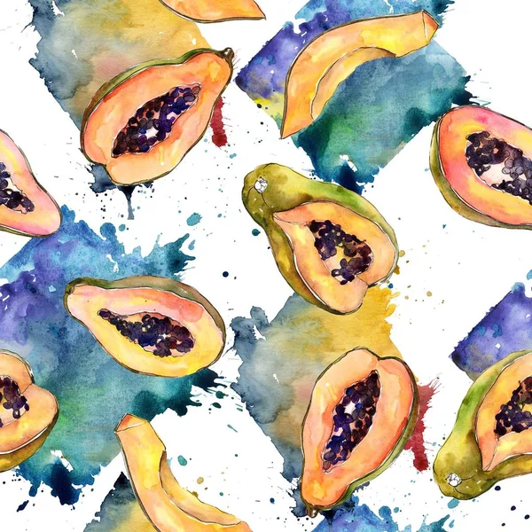 Egzotikus Trópusi Egészséges Élelmiszer Akvarell Stílusú Varratmentes Háttérben Minta Gyümölcs — Stock Fotó