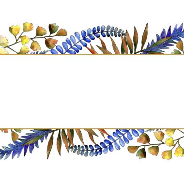 Sulu boya renkli fren tertibatları. Yaprak bitki botanik bahçe çiçek yaprakları. Çerçeve kenarlığı süsleme Meydanı. Aquarelle yaprak için arka plan, doku, sarıcı desen, çerçeve veya kenarlık.