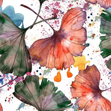 Sulu boya renkli ginkgo yaprağı. Yaprak bitki botanik bahçe çiçek yaprakları. Sorunsuz arka plan deseni. Kumaş duvar kağıdı yazdırma doku. Aquarelle yaprak için arka plan, doku, sarıcı desen.
