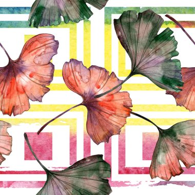 Sulu boya renkli ginkgo yaprağı. Yaprak bitki botanik bahçe çiçek yaprakları. Sorunsuz arka plan deseni. Kumaş duvar kağıdı yazdırma doku. Aquarelle yaprak için arka plan, doku, sarıcı desen.