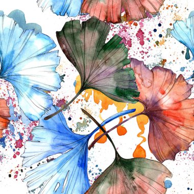 Sulu boya renkli ginkgo yaprağı. Yaprak bitki botanik bahçe çiçek yaprakları. Sorunsuz arka plan deseni. Kumaş duvar kağıdı yazdırma doku. Aquarelle yaprak için arka plan, doku, sarıcı desen.