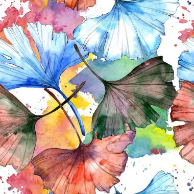 Sulu boya renkli ginkgo yaprağı. Yaprak bitki botanik bahçe çiçek yaprakları. Sorunsuz arka plan deseni. Kumaş duvar kağıdı yazdırma doku. Aquarelle yaprak için arka plan, doku, sarıcı desen.
