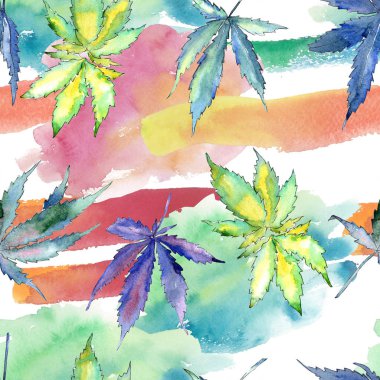 Suluboya esrar yeşil yaprak. Yaprak bitki botanik bahçe çiçek yaprakları. Sorunsuz arka plan deseni. Kumaş duvar kağıdı yazdırma doku. Aquarelle yaprak için arka plan, doku, sarıcı desen.