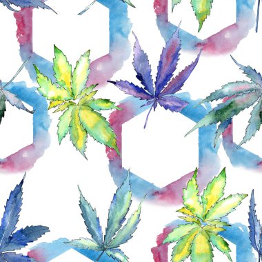 Suluboya esrar yeşil yaprak. Yaprak bitki botanik bahçe çiçek yaprakları. Sorunsuz arka plan deseni. Kumaş duvar kağıdı yazdırma doku. Aquarelle yaprak için arka plan, doku, sarıcı desen.