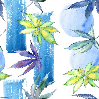 Suluboya esrar yeşil yaprak. Yaprak bitki botanik bahçe çiçek yaprakları. Sorunsuz arka plan deseni. Kumaş duvar kağıdı yazdırma doku. Aquarelle yaprak için arka plan, doku, sarıcı desen.