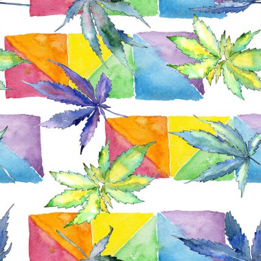 Suluboya esrar yeşil yaprak. Yaprak bitki botanik bahçe çiçek yaprakları. Sorunsuz arka plan deseni. Kumaş duvar kağıdı yazdırma doku. Aquarelle yaprak için arka plan, doku, sarıcı desen.