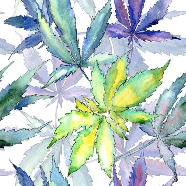 Suluboya esrar yeşil yaprak. Yaprak bitki botanik bahçe çiçek yaprakları. Sorunsuz arka plan deseni. Kumaş duvar kağıdı yazdırma doku. Aquarelle yaprak için arka plan, doku, sarıcı desen.