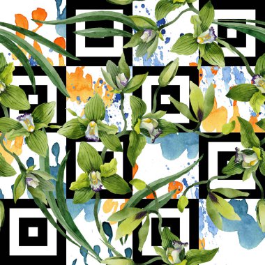 Sulu boya yeşil orkide çiçekler. Botanik çiçek. Sorunsuz arka plan deseni. Kumaş duvar kağıdı yazdırma doku. Arka plan, doku, sarıcı desen, çerçeve veya kenarlık için Aquarelle kır çiçeği.