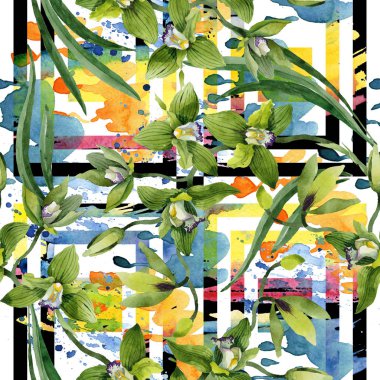 Sulu boya yeşil orkide çiçekler. Botanik çiçek. Sorunsuz arka plan deseni. Kumaş duvar kağıdı yazdırma doku. Arka plan, doku, sarıcı desen, çerçeve veya kenarlık için Aquarelle kır çiçeği.