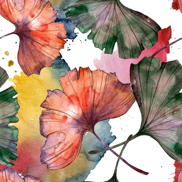 Sulu boya renkli ginkgo yaprağı. Yaprak bitki botanik bahçe çiçek yaprakları. Sorunsuz arka plan deseni. Kumaş duvar kağıdı yazdırma doku. Aquarelle yaprak için arka plan, doku, sarıcı desen.