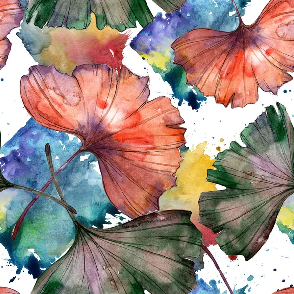 Sulu boya renkli ginkgo yaprağı. Yaprak bitki botanik bahçe çiçek yaprakları. Sorunsuz arka plan deseni. Kumaş duvar kağıdı yazdırma doku. Aquarelle yaprak için arka plan, doku, sarıcı desen.