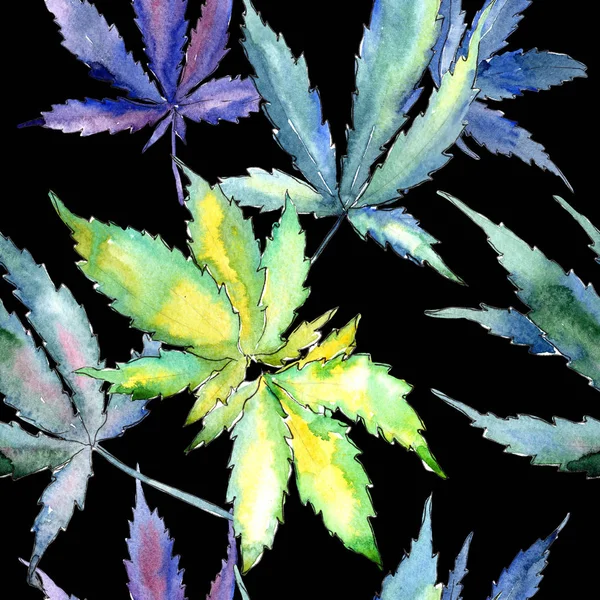 Aquarell Cannabis Grünes Blatt Blattpflanze Botanischer Garten Florales Laub Nahtlose — Stockfoto