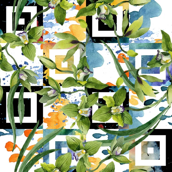 Sulu boya yeşil orkide çiçekler. Botanik çiçek. Sorunsuz arka plan deseni. Kumaş duvar kağıdı yazdırma doku. Arka plan, doku, sarıcı desen, çerçeve veya kenarlık için Aquarelle kır çiçeği.