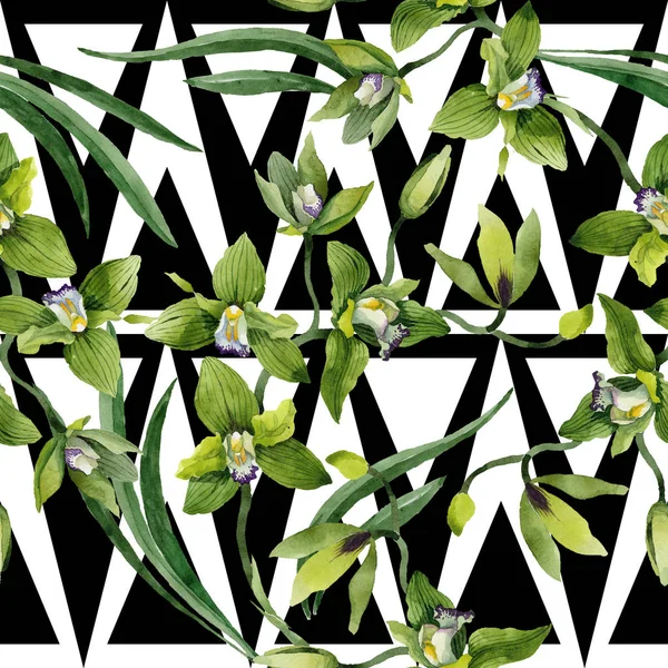 Watercolor Green Orchid Flowers Floral Botanical Flower Seamless Background Pattern — Stock Photo, Image
