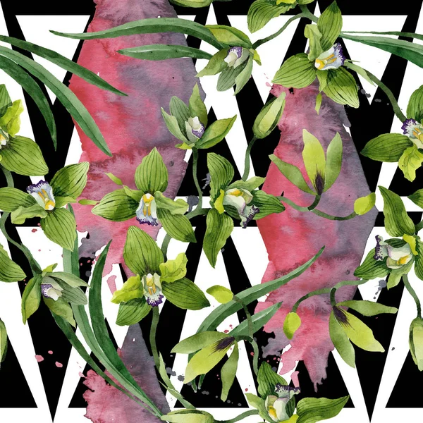 Watercolor Green Orchid Flowers Floral Botanical Flower Seamless Background Pattern — Stock Photo, Image