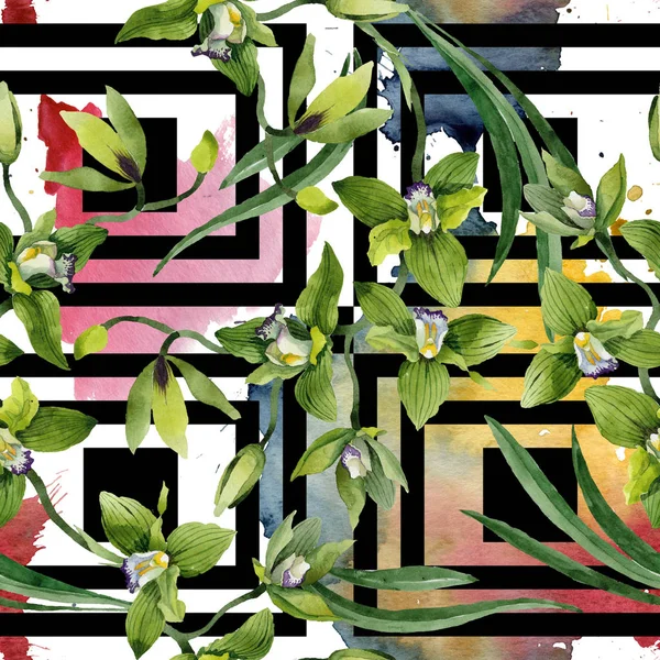 Akvarell Grön Orkidé Blommor Blommig Botaniska Blomma Sömlös Bakgrundsmönster Tyg — Stockfoto