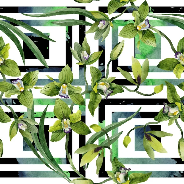 Watercolor Green Orchid Flowers Floral Botanical Flower Seamless Background Pattern — Stock Photo, Image