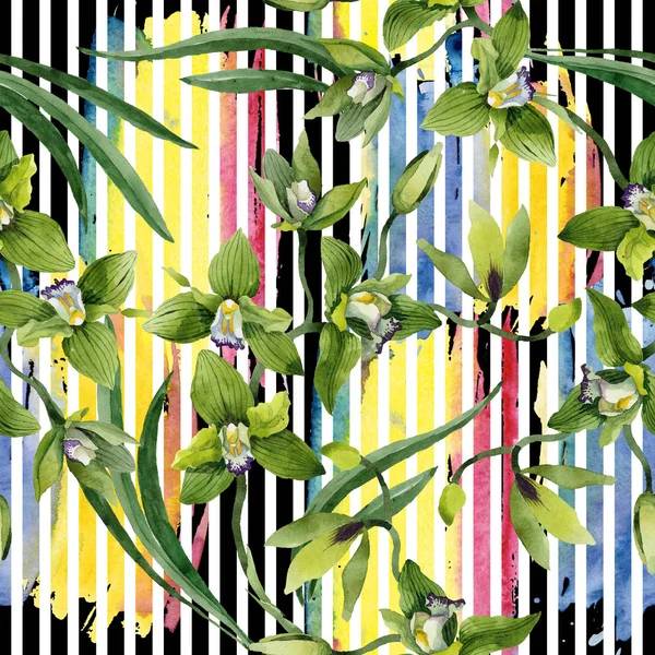 Watercolor Green Orchid Flowers Floral Botanical Flower Seamless Background Pattern — Stock Photo, Image