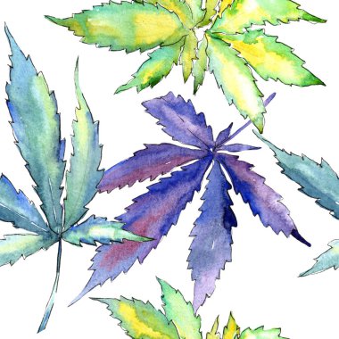 Suluboya esrar yeşil yaprak. Yaprak bitki botanik bahçe çiçek yaprakları. Sorunsuz arka plan deseni. Kumaş duvar kağıdı yazdırma doku. Aquarelle yaprak için arka plan, doku, sarıcı desen.