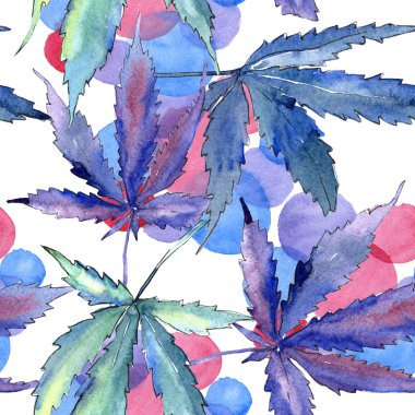 Suluboya esrar yeşil yaprak. Yaprak bitki botanik bahçe çiçek yaprakları. Sorunsuz arka plan deseni. Kumaş duvar kağıdı yazdırma doku. Aquarelle yaprak için arka plan, doku, sarıcı desen.