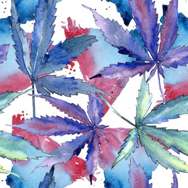 Suluboya esrar yeşil yaprak. Yaprak bitki botanik bahçe çiçek yaprakları. Sorunsuz arka plan deseni. Kumaş duvar kağıdı yazdırma doku. Aquarelle yaprak için arka plan, doku, sarıcı desen.