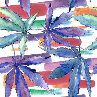 Suluboya esrar yeşil yaprak. Yaprak bitki botanik bahçe çiçek yaprakları. Sorunsuz arka plan deseni. Kumaş duvar kağıdı yazdırma doku. Aquarelle yaprak için arka plan, doku, sarıcı desen.