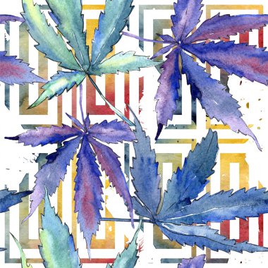 Suluboya esrar yeşil yaprak. Yaprak bitki botanik bahçe çiçek yaprakları. Sorunsuz arka plan deseni. Kumaş duvar kağıdı yazdırma doku. Aquarelle yaprak için arka plan, doku, sarıcı desen.