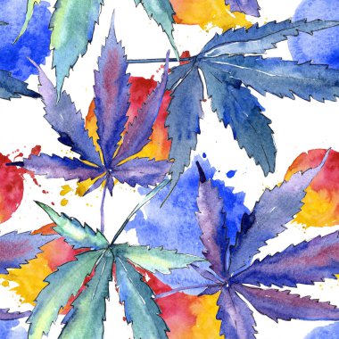 Suluboya esrar yeşil yaprak. Yaprak bitki botanik bahçe çiçek yaprakları. Sorunsuz arka plan deseni. Kumaş duvar kağıdı yazdırma doku. Aquarelle yaprak için arka plan, doku, sarıcı desen.