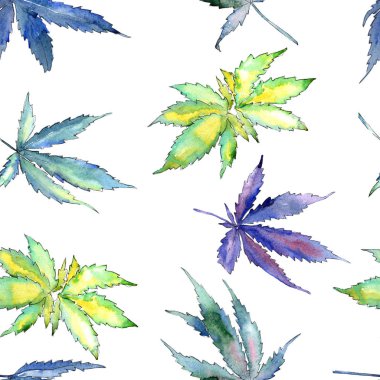 Suluboya esrar yeşil yaprak. Yaprak bitki botanik bahçe çiçek yaprakları. Sorunsuz arka plan deseni. Kumaş duvar kağıdı yazdırma doku. Aquarelle yaprak için arka plan, doku, sarıcı desen.