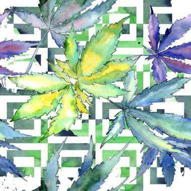 Suluboya esrar yeşil yaprak. Yaprak bitki botanik bahçe çiçek yaprakları. Sorunsuz arka plan deseni. Kumaş duvar kağıdı yazdırma doku. Aquarelle yaprak için arka plan, doku, sarıcı desen.