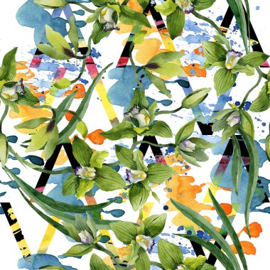 Sulu boya yeşil orkide çiçekler. Botanik çiçek. Sorunsuz arka plan deseni. Kumaş duvar kağıdı yazdırma doku. Arka plan, doku, sarıcı desen, çerçeve veya kenarlık için Aquarelle kır çiçeği.