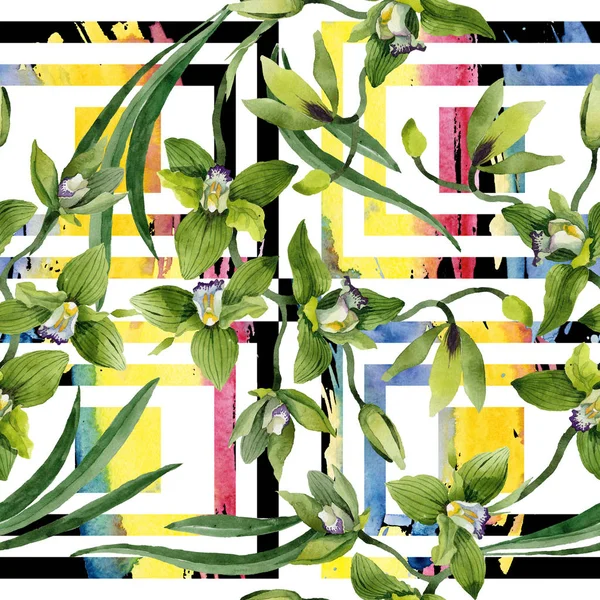 Акварельні Зелені Квіти Орхідей Квіткова Ботанічна Квітка Безшовний Візерунок Тла — стокове фото