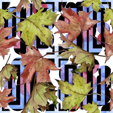 Sulu boya yeşil ve kırmızı akçaağaç yaprakları. Yaprak bitki botanik bahçe çiçek yaprakları. Sorunsuz arka plan deseni. Kumaş duvar kağıdı yazdırma doku. Aquarelle yaprak için arka plan, doku, sarıcı desen.