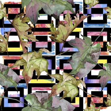 Sulu boya yeşil ve kırmızı akçaağaç yaprakları. Yaprak bitki botanik bahçe çiçek yaprakları. Sorunsuz arka plan deseni. Kumaş duvar kağıdı yazdırma doku. Aquarelle yaprak için arka plan, doku, sarıcı desen.