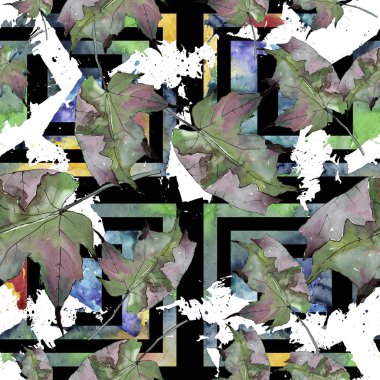 Sulu boya yeşil ve kırmızı akçaağaç yaprakları. Yaprak bitki botanik bahçe çiçek yaprakları. Sorunsuz arka plan deseni. Kumaş duvar kağıdı yazdırma doku. Aquarelle yaprak için arka plan, doku, sarıcı desen.