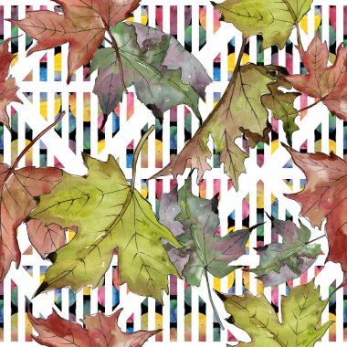 Sulu boya yeşil ve kırmızı akçaağaç yaprakları. Yaprak bitki botanik bahçe çiçek yaprakları. Sorunsuz arka plan deseni. Kumaş duvar kağıdı yazdırma doku. Aquarelle yaprak için arka plan, doku, sarıcı desen.