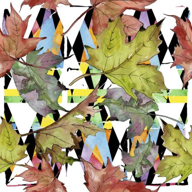 Sulu boya yeşil ve kırmızı akçaağaç yaprakları. Yaprak bitki botanik bahçe çiçek yaprakları. Sorunsuz arka plan deseni. Kumaş duvar kağıdı yazdırma doku. Aquarelle yaprak için arka plan, doku, sarıcı desen.
