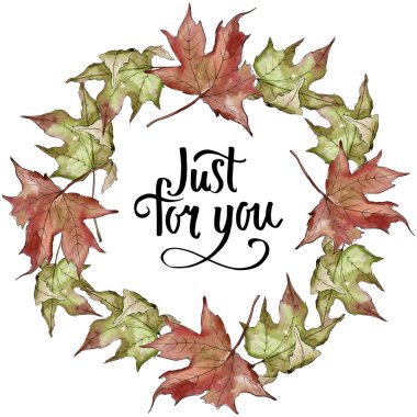 Sulu boya yeşil ve kırmızı akçaağaç yaprakları. Yaprak bitki botanik bahçe çiçek yaprakları. Çerçeve kenarlığı süsleme Meydanı. Aquarelle yaprak için arka plan, doku, sarıcı desen, çerçeve veya kenarlık.