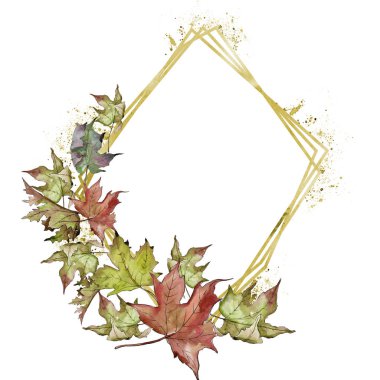 Sulu boya yeşil ve kırmızı akçaağaç yaprakları. Yaprak bitki botanik bahçe çiçek yaprakları. Çerçeve kenarlığı süsleme Meydanı. Aquarelle yaprak için arka plan, doku, sarıcı desen, çerçeve veya kenarlık.