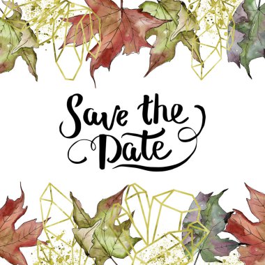 Sulu boya yeşil ve kırmızı akçaağaç yaprakları. Yaprak bitki botanik bahçe çiçek yaprakları. Çerçeve kenarlığı süsleme Meydanı. Aquarelle yaprak için arka plan, doku, sarıcı desen, çerçeve veya kenarlık.