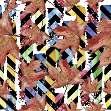 Sulu boya yeşil ve kırmızı akçaağaç yaprakları. Yaprak bitki botanik bahçe çiçek yaprakları. Sorunsuz arka plan deseni.