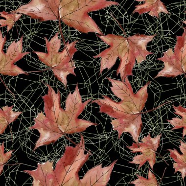 Sulu boya yeşil ve kırmızı akçaağaç yaprakları. Yaprak bitki botanik bahçe çiçek yaprakları. Sorunsuz arka plan deseni.