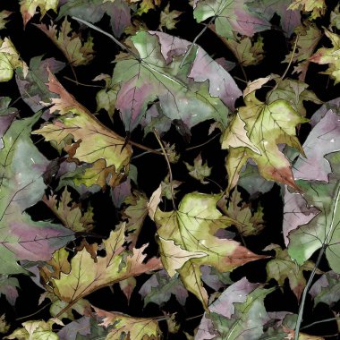 Sulu boya yeşil ve kırmızı akçaağaç yaprakları. Yaprak bitki botanik bahçe çiçek yaprakları. Sorunsuz arka plan deseni.