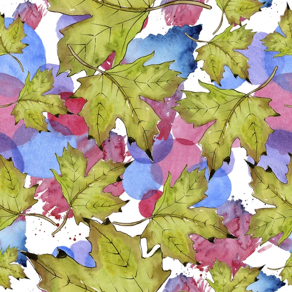 Watercolor green and red maple leaves. Leaf plant botanical garden floral foliage. Seamless background pattern. — Stock Photo, Image