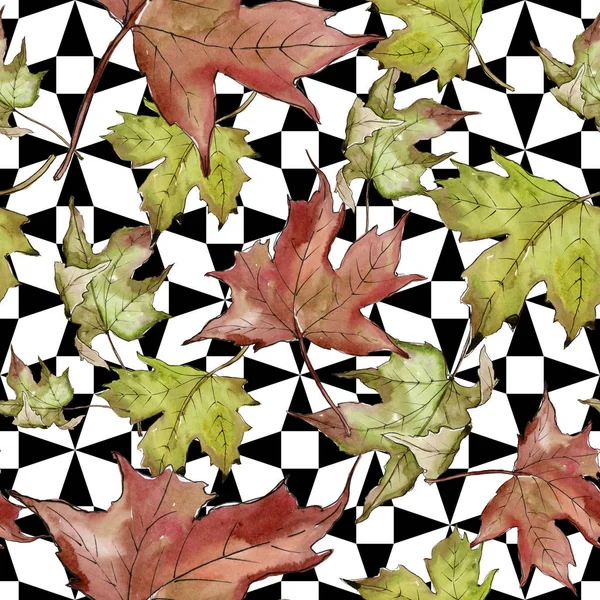 水彩の緑と赤のカエデを葉します。葉植物植物園花葉。シームレスな背景パターン. — ストック写真