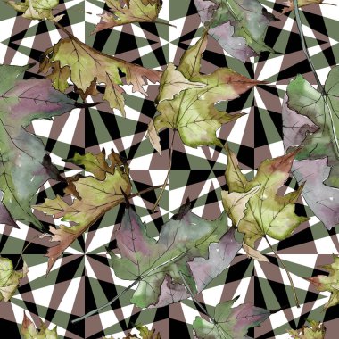 Sulu boya yeşil ve kırmızı akçaağaç yaprakları. Yaprak bitki botanik bahçe çiçek yaprakları. Sorunsuz arka plan deseni. Kumaş duvar kağıdı yazdırma doku. Aquarelle yaprak için arka plan, doku, sarıcı desen.