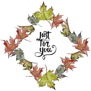 Sulu boya yeşil ve kırmızı akçaağaç yaprakları. Yaprak bitki botanik bahçe çiçek yaprakları. Çerçeve kenarlığı süsleme Meydanı. Aquarelle yaprak için arka plan, doku, sarıcı desen, çerçeve veya kenarlık.